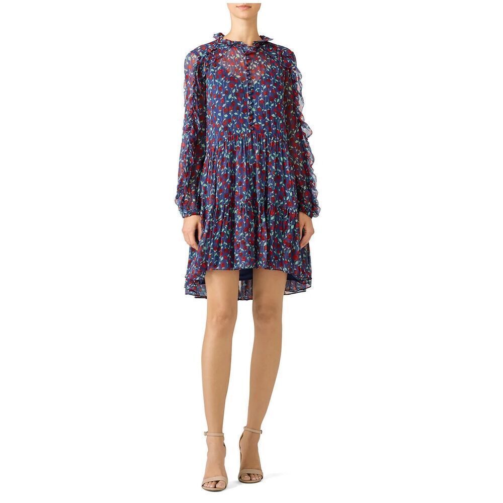 The Kooples Rosa romantic blue & red floral print ruffle accents sz Large